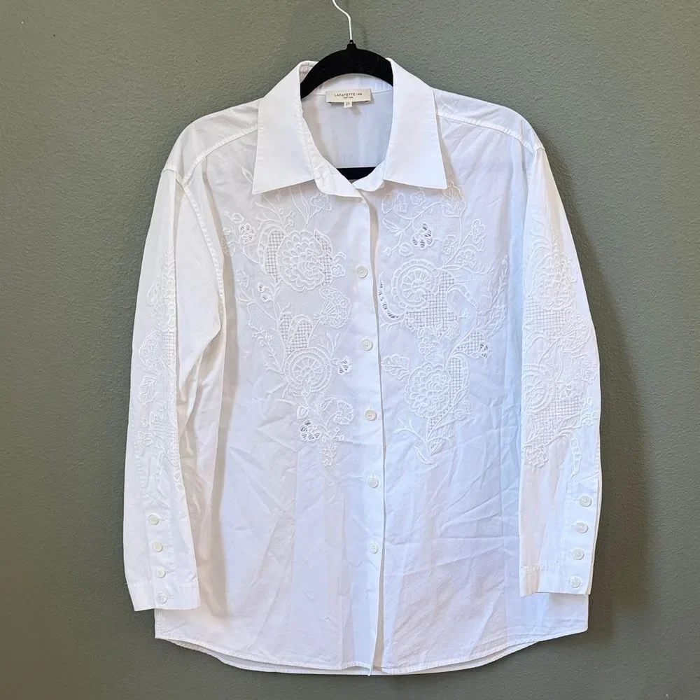 Lafayette 148 New York Bohemian Bloom Embroidered Poplin Tunic Shirt Sz S - Picture 4 of 9